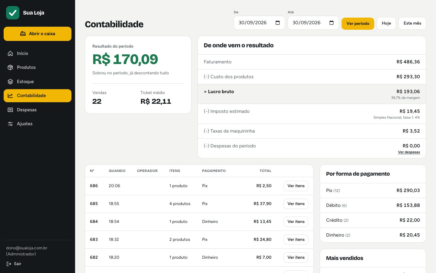Tela real: Financeiro